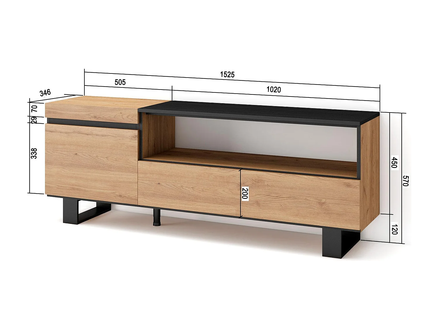 Meuble TV, Banc Télé, 150x35x57cm, Pour les TV jusqu'à 65", Design industriel, Chêne et noir