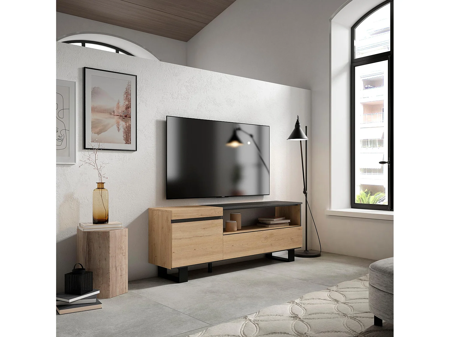 Mueble TV, Televisión, 150x35x57cm, Para TV hasta 65", Diseño industrial, Roble y negro
