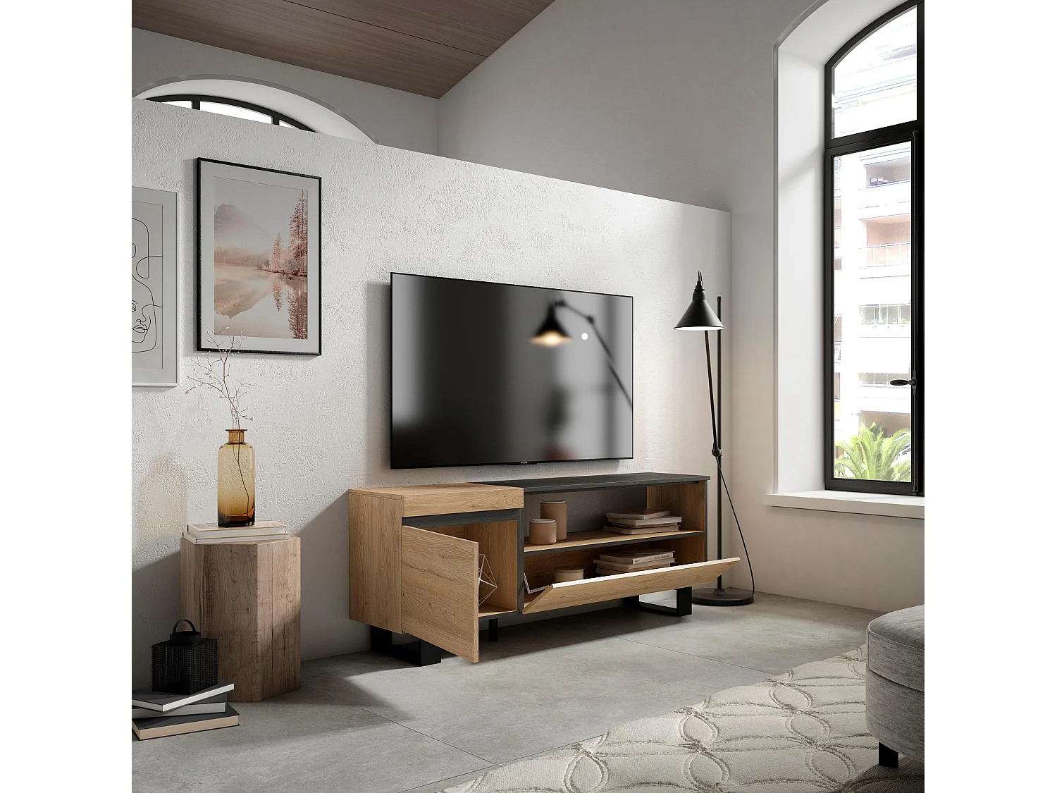 Mueble TV, Televisión, 150x35x57cm, Para TV hasta 65", Diseño industrial, Roble y negro