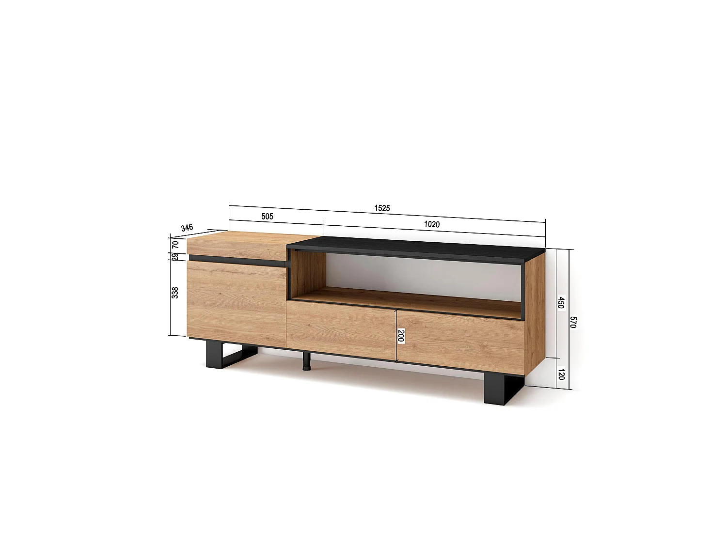 Mueble TV, Televisión, 150x35x57cm, Para TV hasta 65", Diseño industrial, Roble y negro