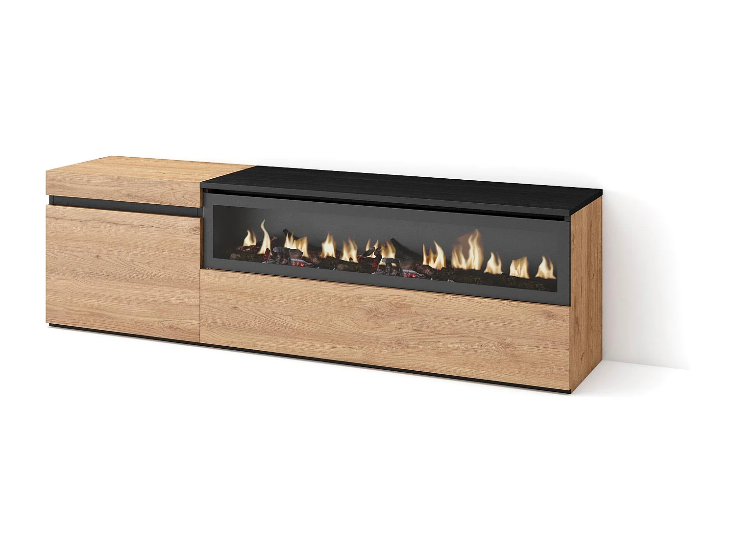 Meuble TV, Banc Télé, 150x35x45cm, Pour les TV jusqu'à 65", Cheminée électrique, Chêne et noir