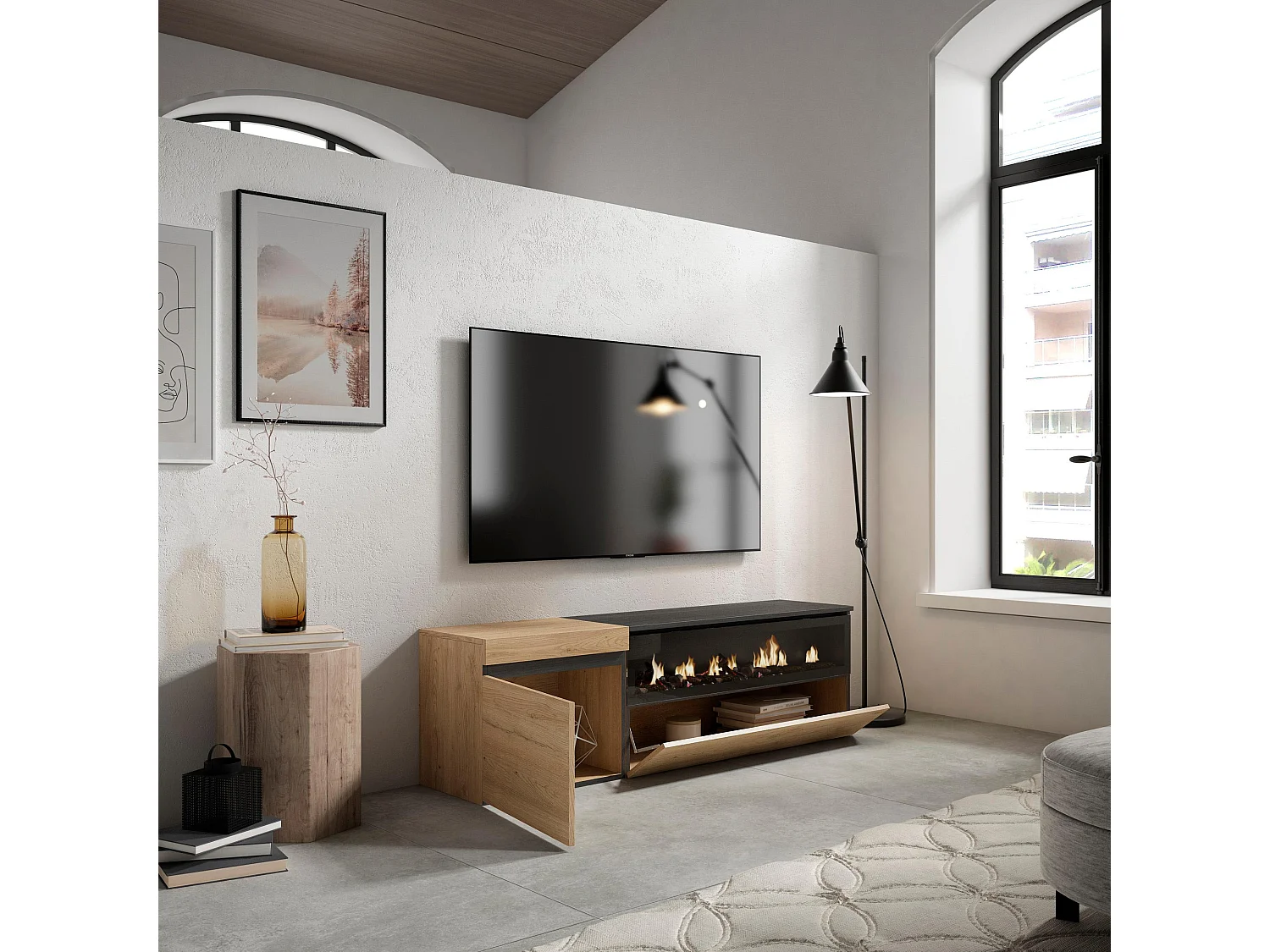 Meuble TV, Banc Télé, 150x35x45cm, Pour les TV jusqu'à 65", Cheminée électrique, Chêne et noir