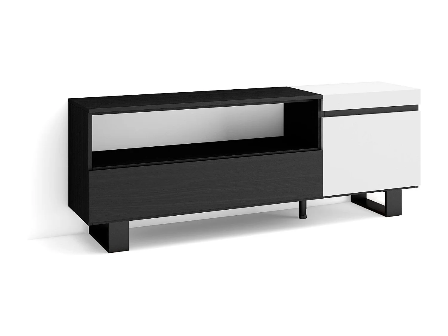 TV-Schrank, Lowboard, 150x35x57cm, Für TV-Geräte bis zu 65", Industriedesign, Weiß und Schwarz