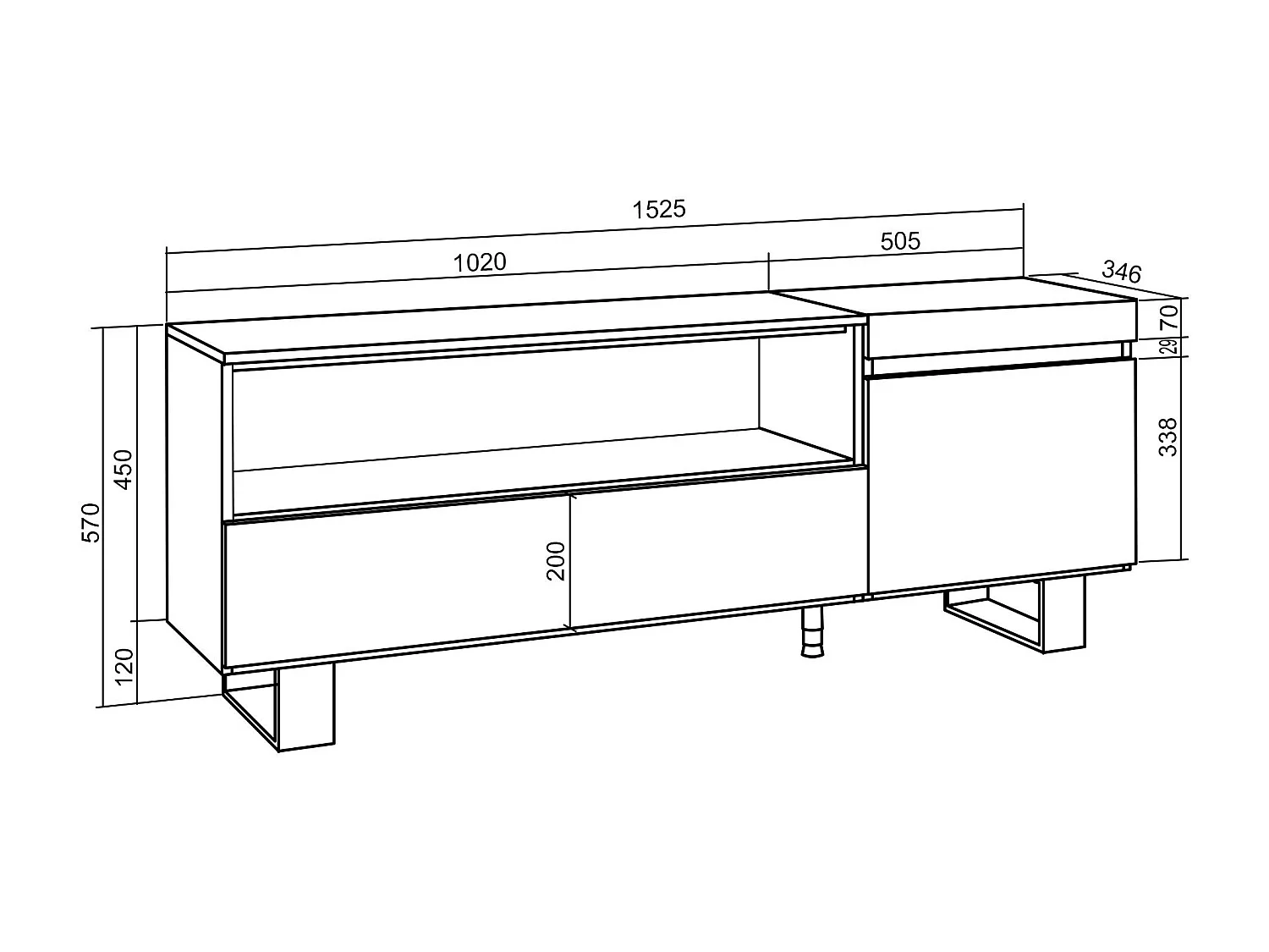 TV-Schrank, Lowboard, 150x35x57cm, Für TV-Geräte bis zu 65", Industriedesign, Weiß und Schwarz