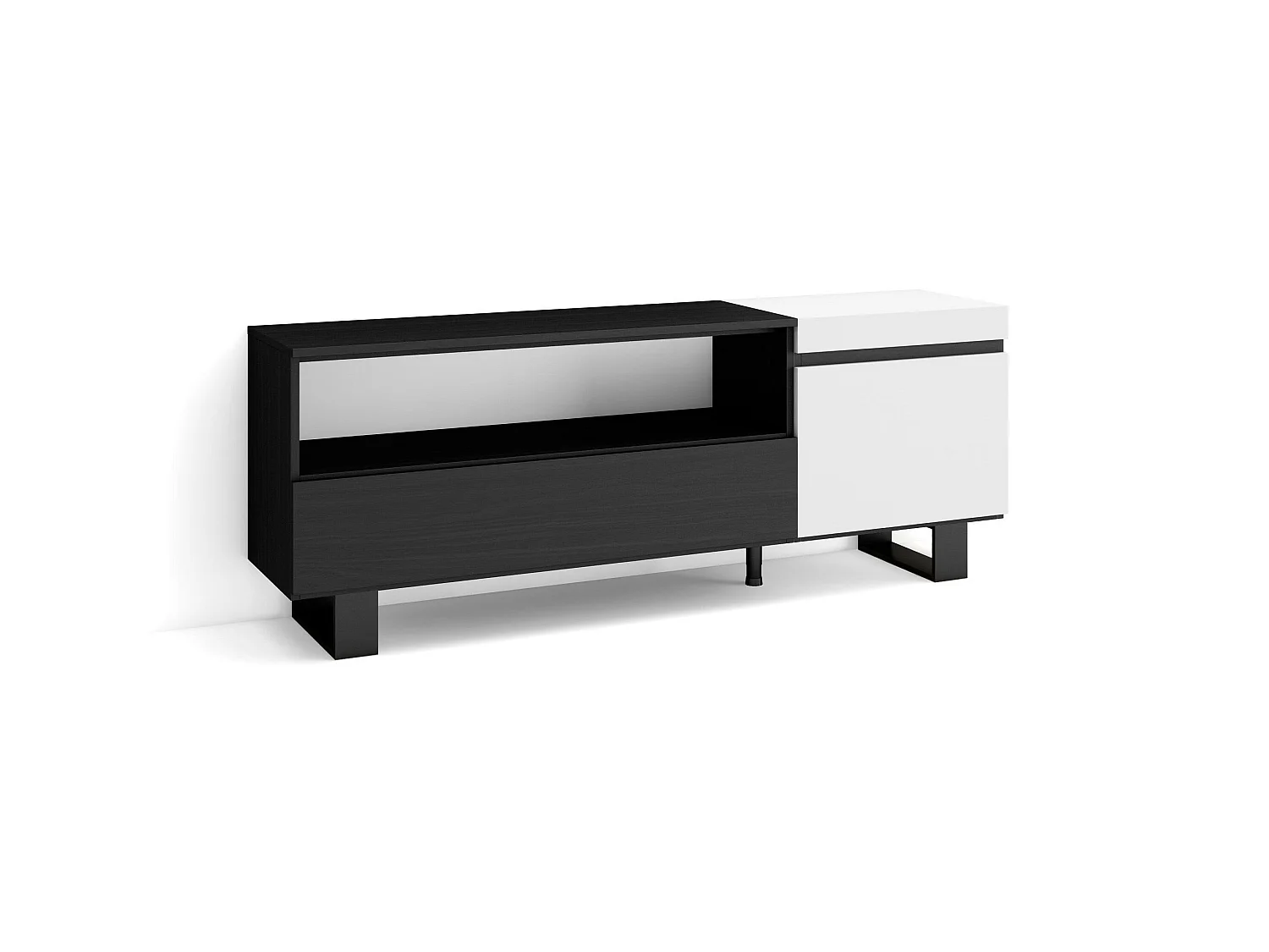 Meuble TV, Banc Télé, 150x35x57cm, Pour les TV jusqu'à 65", Design industriel, Blanc et noir
