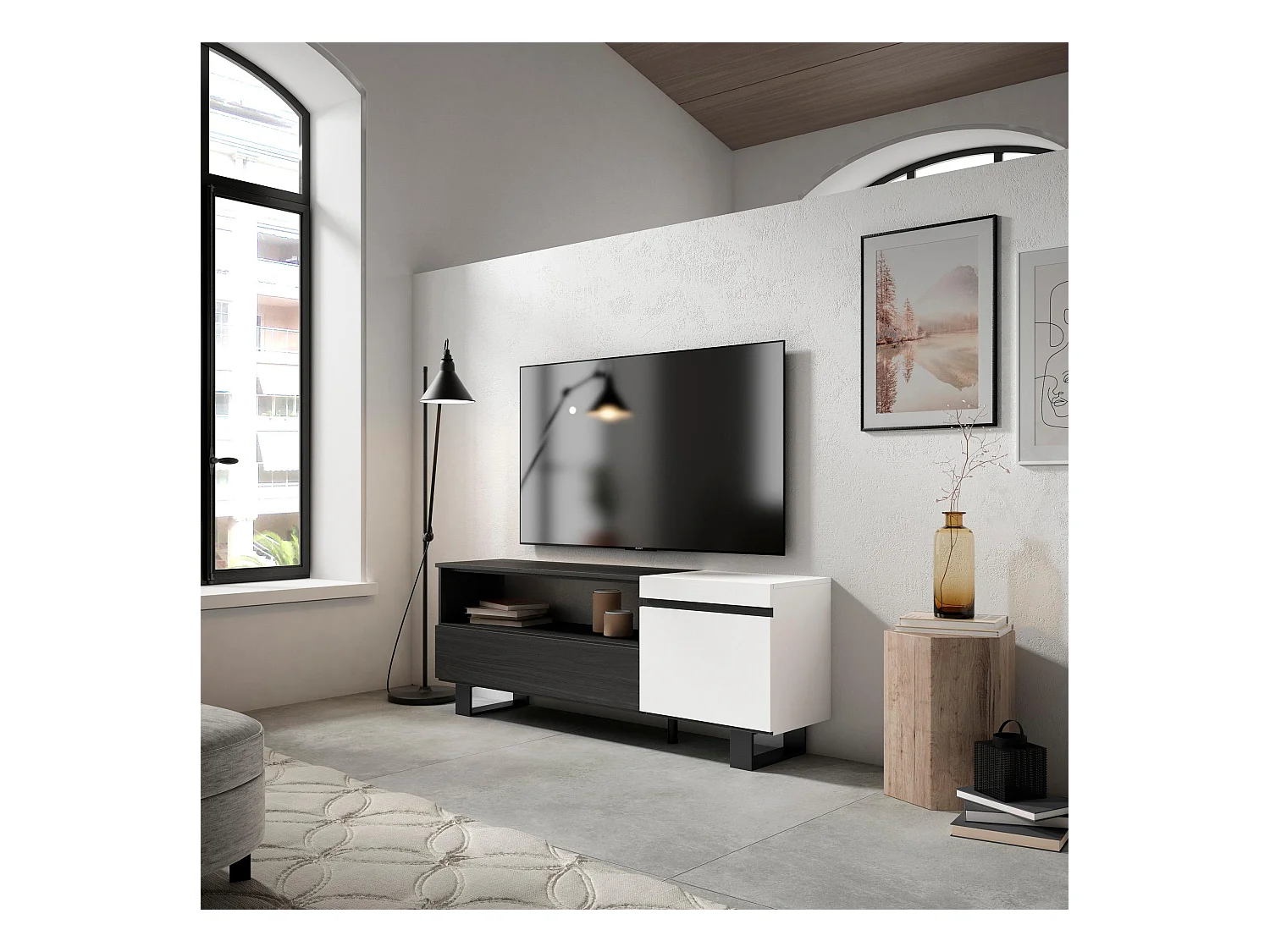 Meuble TV, Banc Télé, 150x35x57cm, Pour les TV jusqu'à 65", Design industriel, Blanc et noir