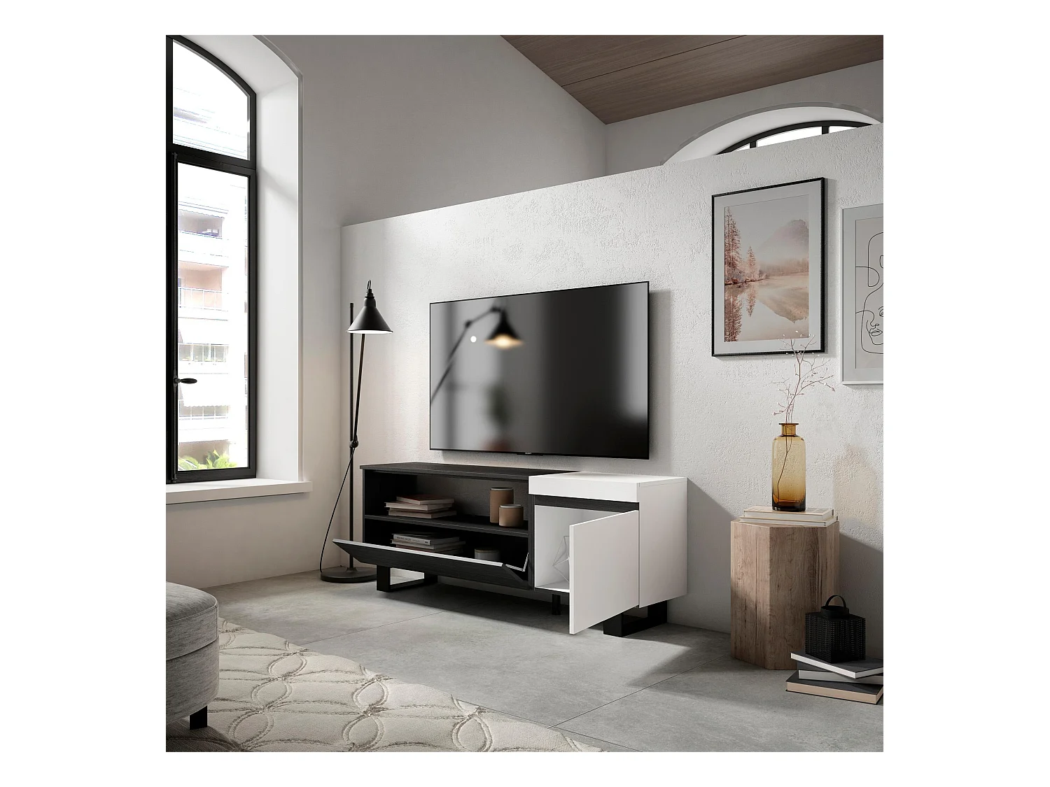 Meuble TV, Banc Télé, 150x35x57cm, Pour les TV jusqu'à 65", Design industriel, Blanc et noir
