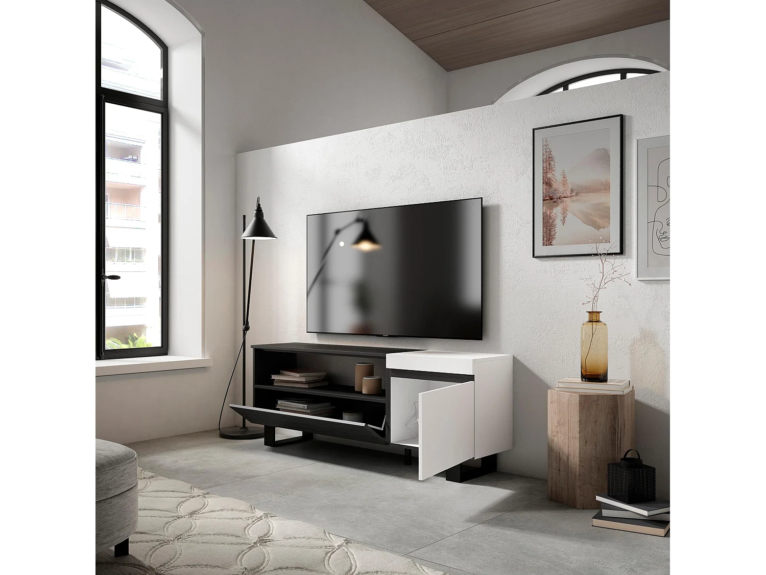 Meuble TV, Banc Télé, 150x35x57cm, Pour les TV jusqu'à 65", Design industriel, Blanc et noir