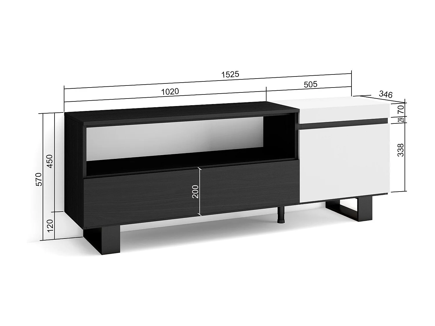 Meuble TV, Banc Télé, 150x35x57cm, Pour les TV jusqu'à 65", Design industriel, Blanc et noir