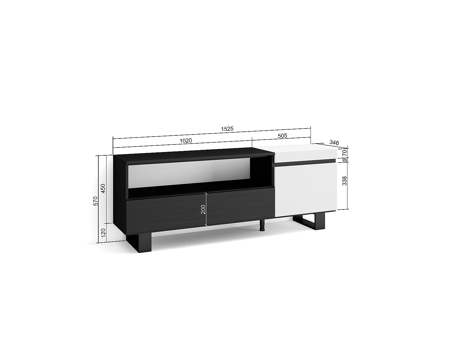 TV-Meubel, Lowboard, 150x35x57cm, Voor tv's tot 65", Industrieel design, Wit en Zwart