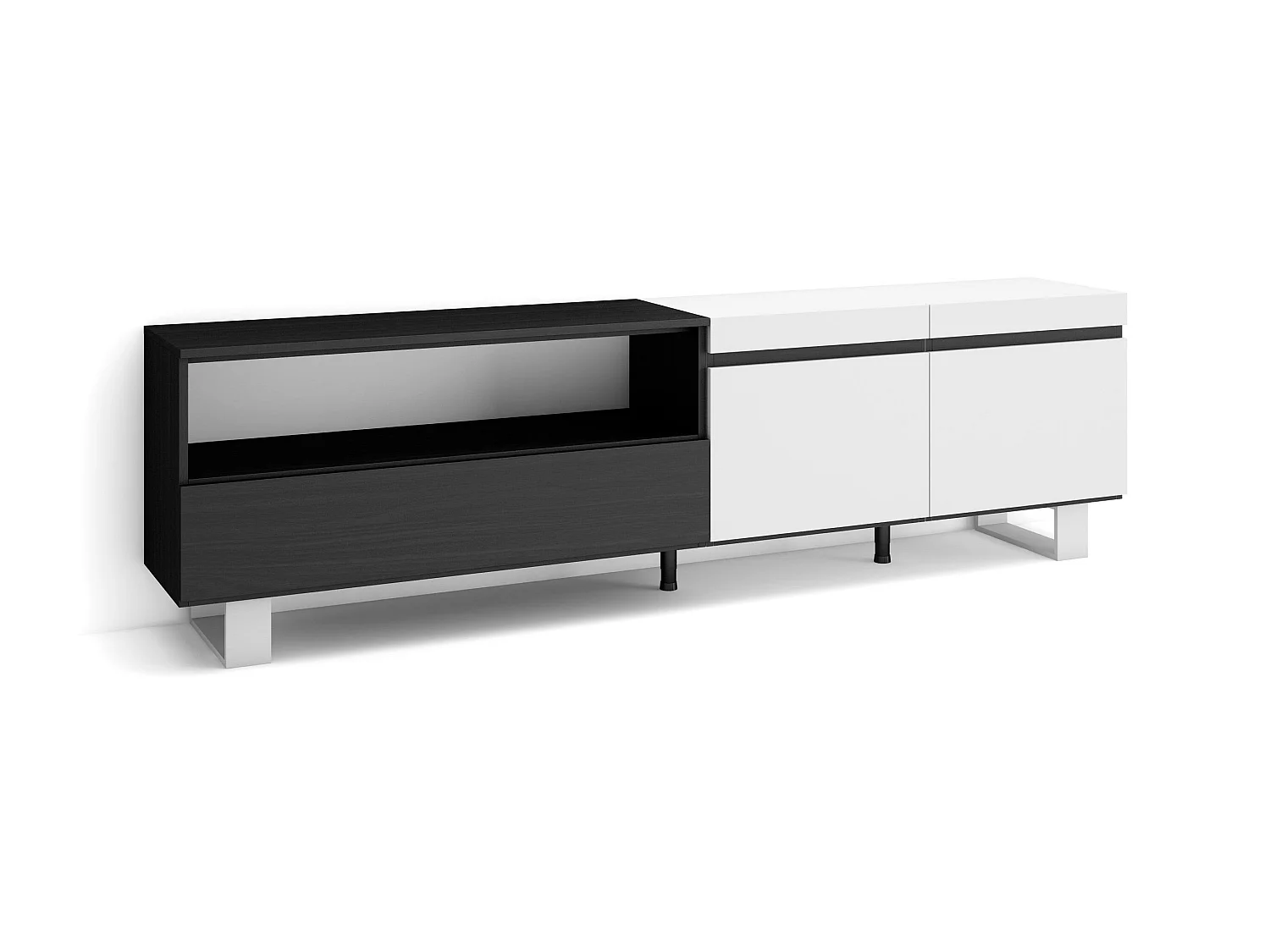 Meuble TV, Banc Télé, 200x35x57cm, Pour les TV jusqu'à 80", Design industriel, Blanc et noir