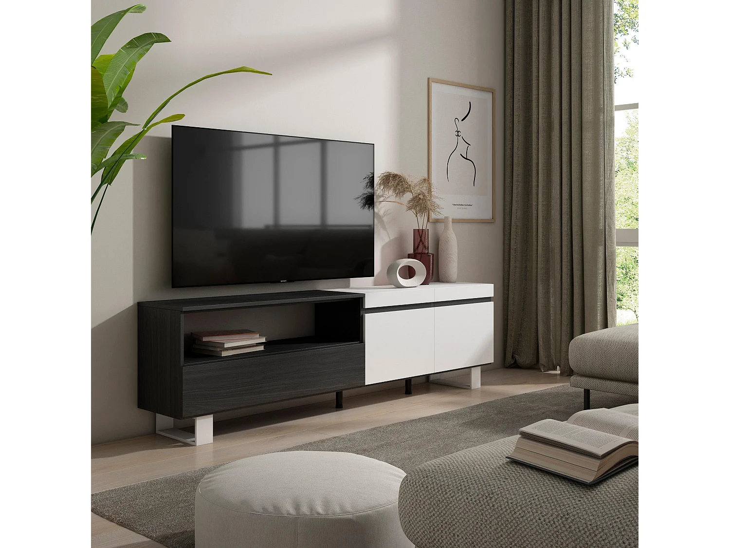 Meuble TV, Banc Télé, 200x35x57cm, Pour les TV jusqu'à 80", Design industriel, Blanc et noir