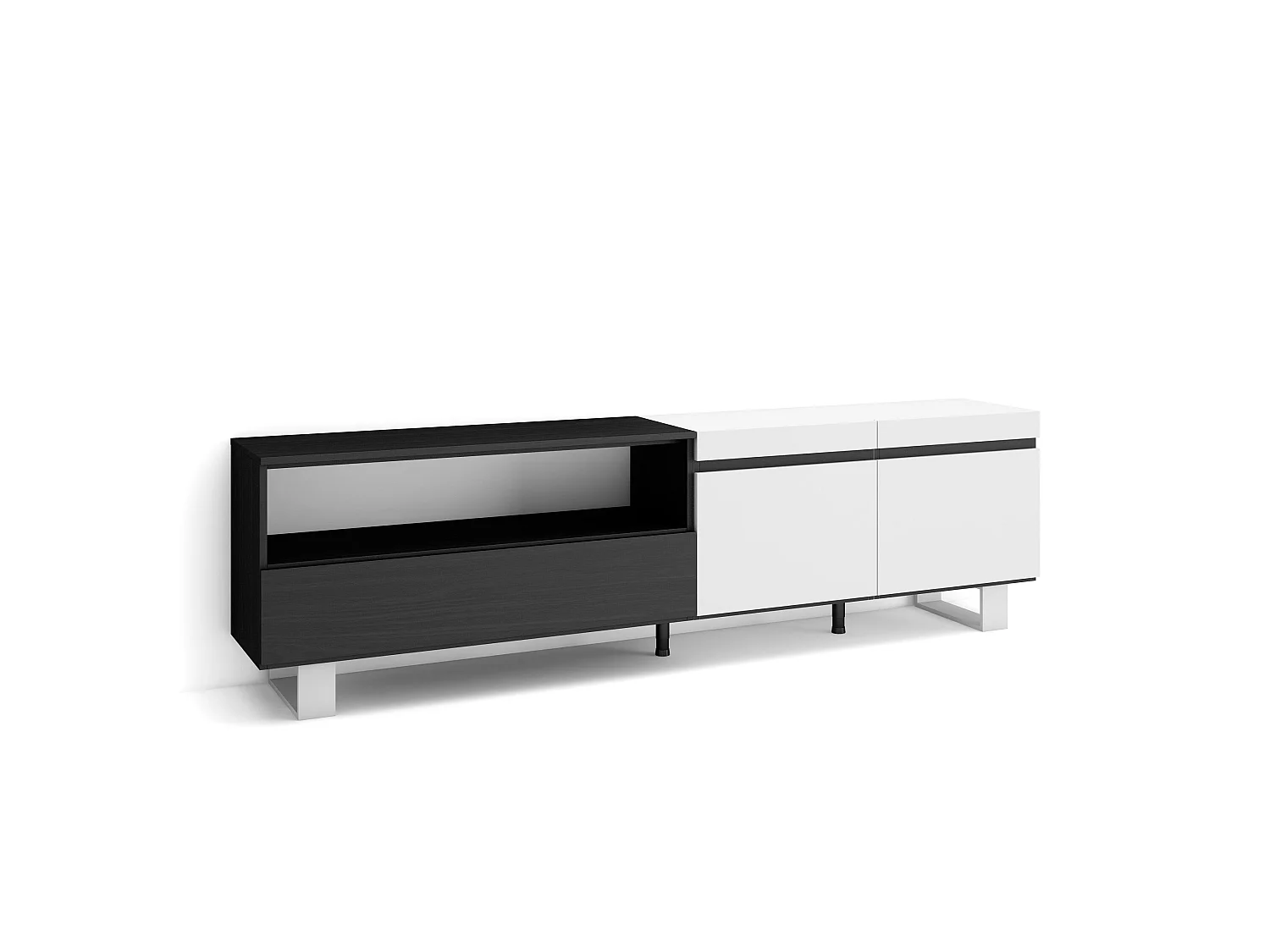 TV-Meubel, Lowboard, 200x35x57cm, Voor tv's tot 80", Industrieel design, Wit en Zwart