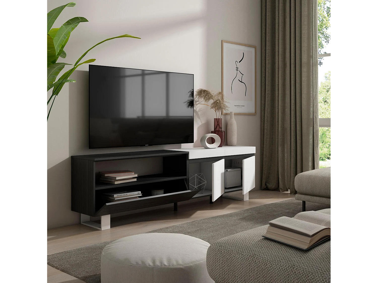 TV-Meubel, Lowboard, 200x35x57cm, Voor tv's tot 80", Industrieel design, Wit en Zwart