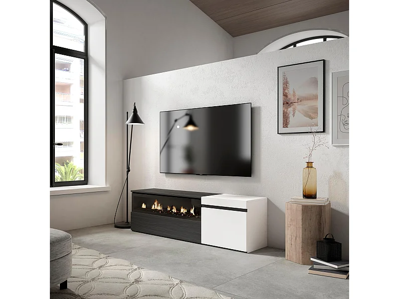 TV-Schrank, Lowboard, 150x35x45cm, Für TV-Geräte bis zu 65", Elektrokamin, Weiß und Schwarz