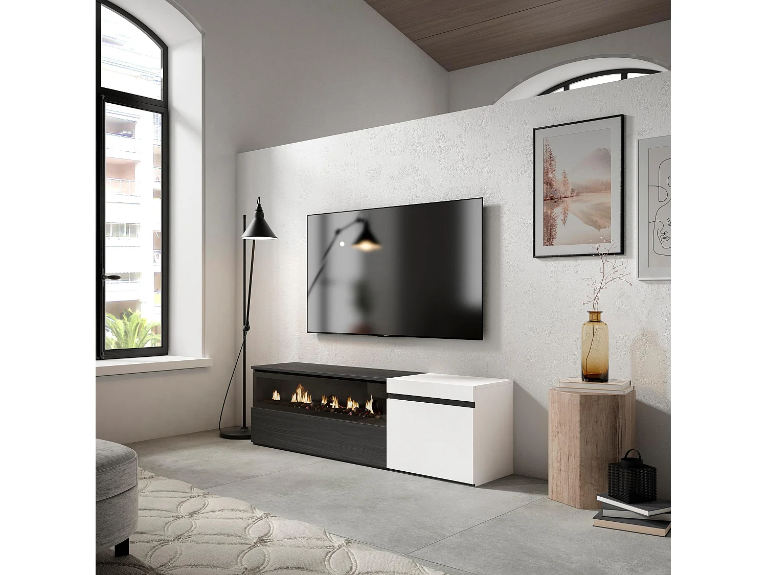 TV-Schrank, Lowboard, 150x35x45cm, Für TV-Geräte bis zu 65", Elektrokamin, Weiß und Schwarz