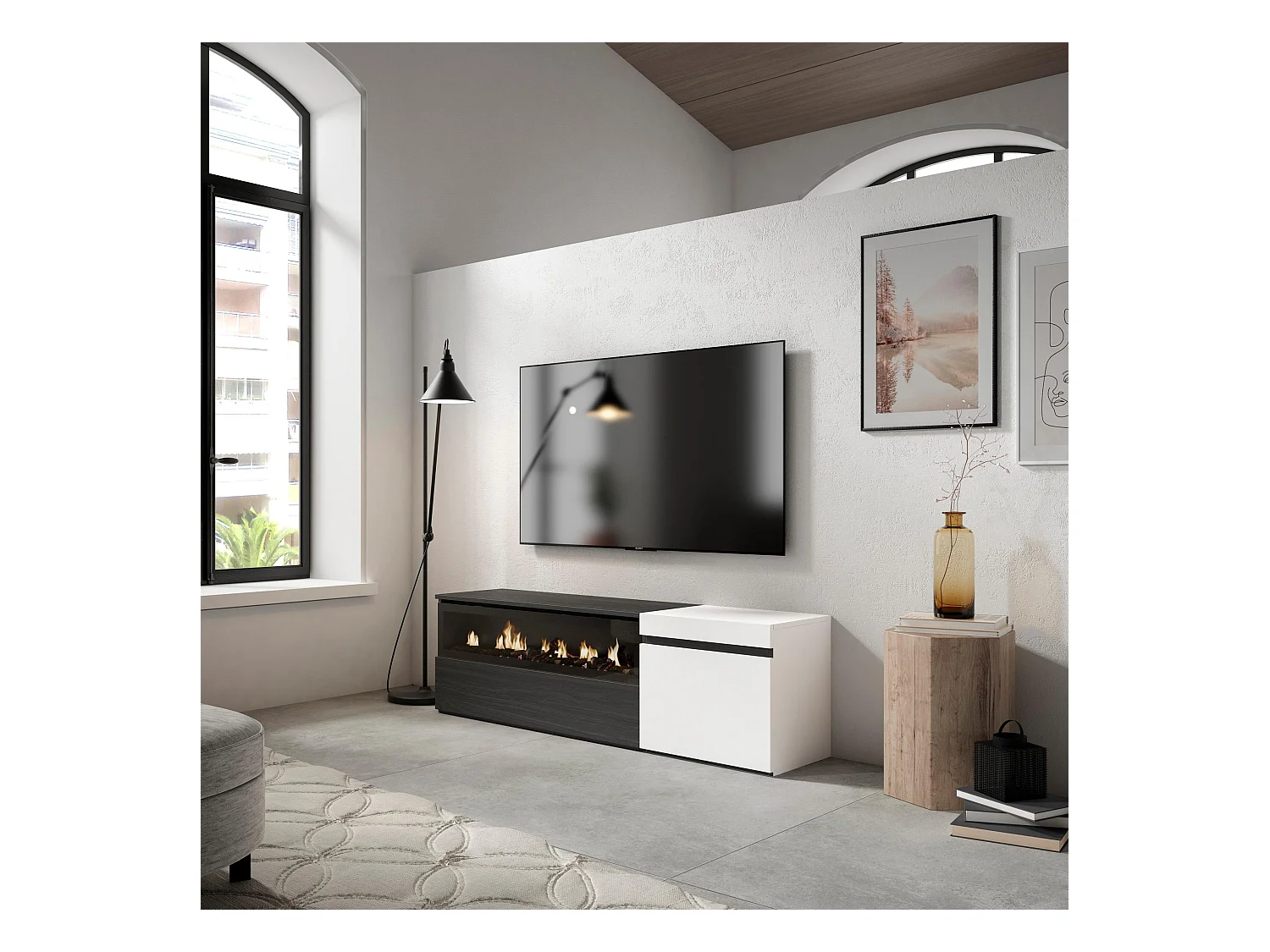 Meuble TV, Banc Télé, 150x35x45cm, Pour les TV jusqu'à 65", Cheminée électrique, Blanc et noir