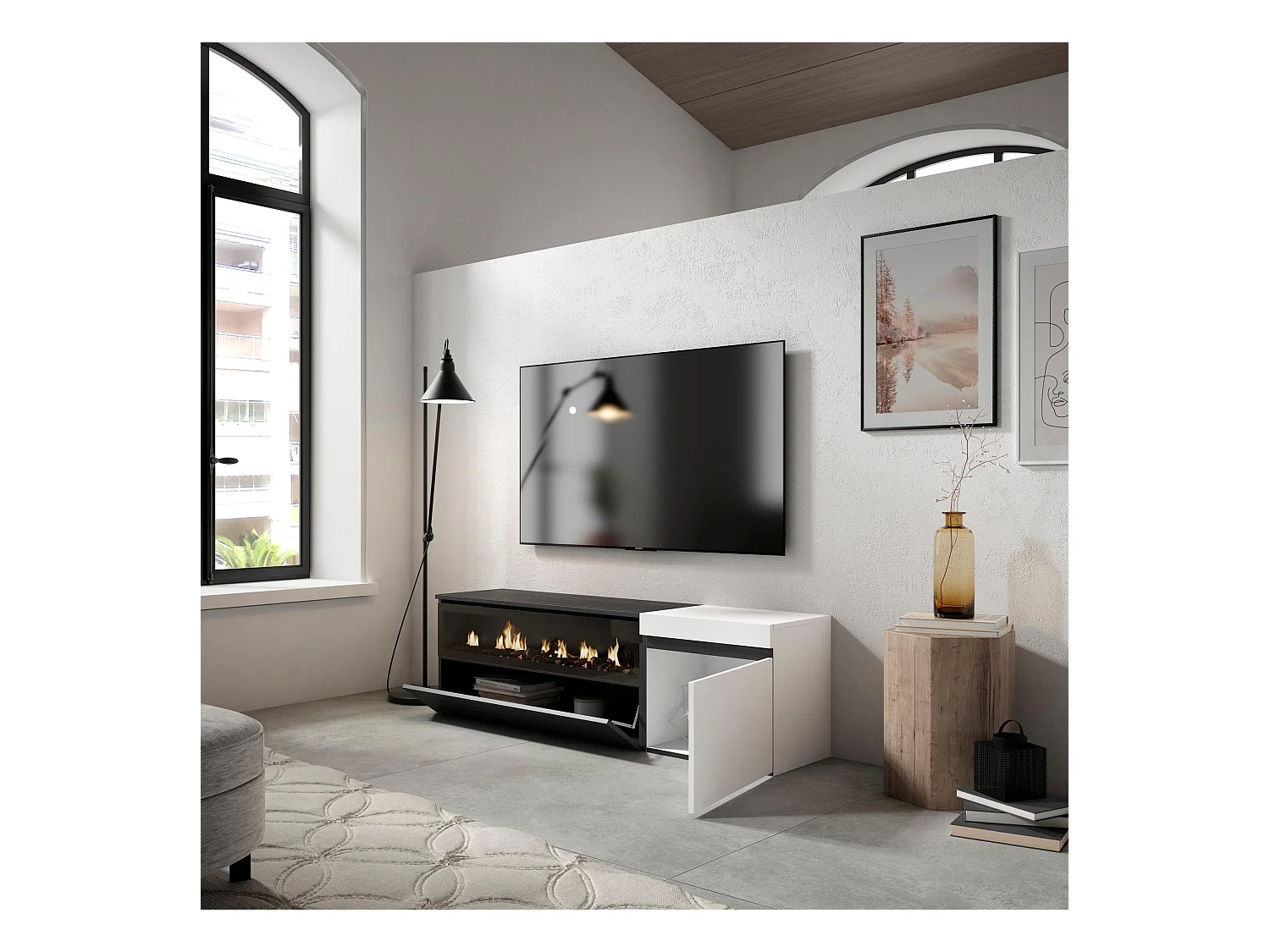 Meuble TV, Banc Télé, 150x35x45cm, Pour les TV jusqu'à 65", Cheminée électrique, Blanc et noir
