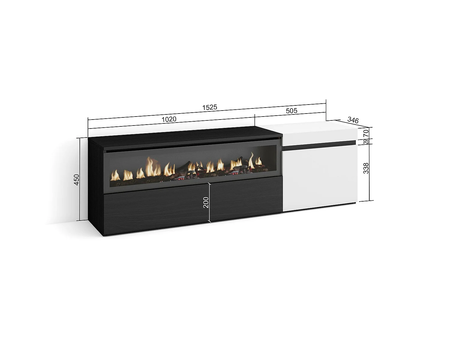 Meuble TV, Banc Télé, 150x35x45cm, Pour les TV jusqu'à 65", Cheminée électrique, Blanc et noir