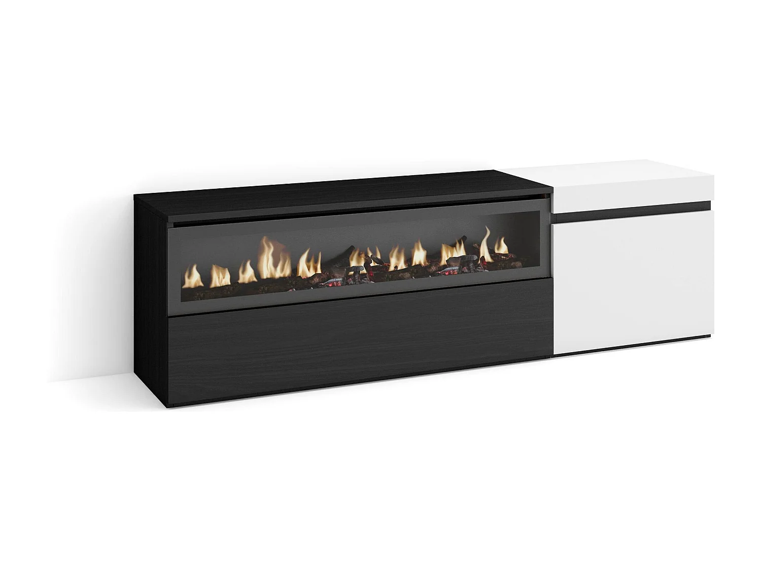 Meuble TV, Banc Télé, 150x35x45cm, Pour les TV jusqu'à 65", Cheminée électrique, Blanc et noir