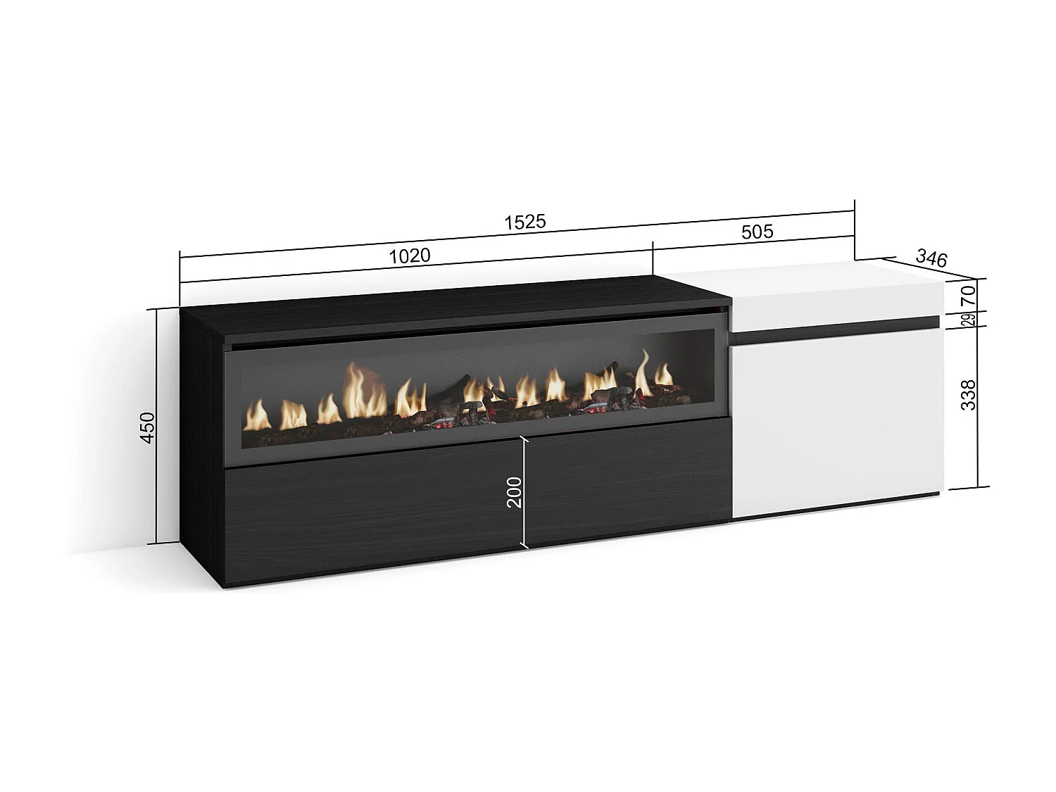 Meuble TV, Banc Télé, 150x35x45cm, Pour les TV jusqu'à 65", Cheminée électrique, Blanc et noir