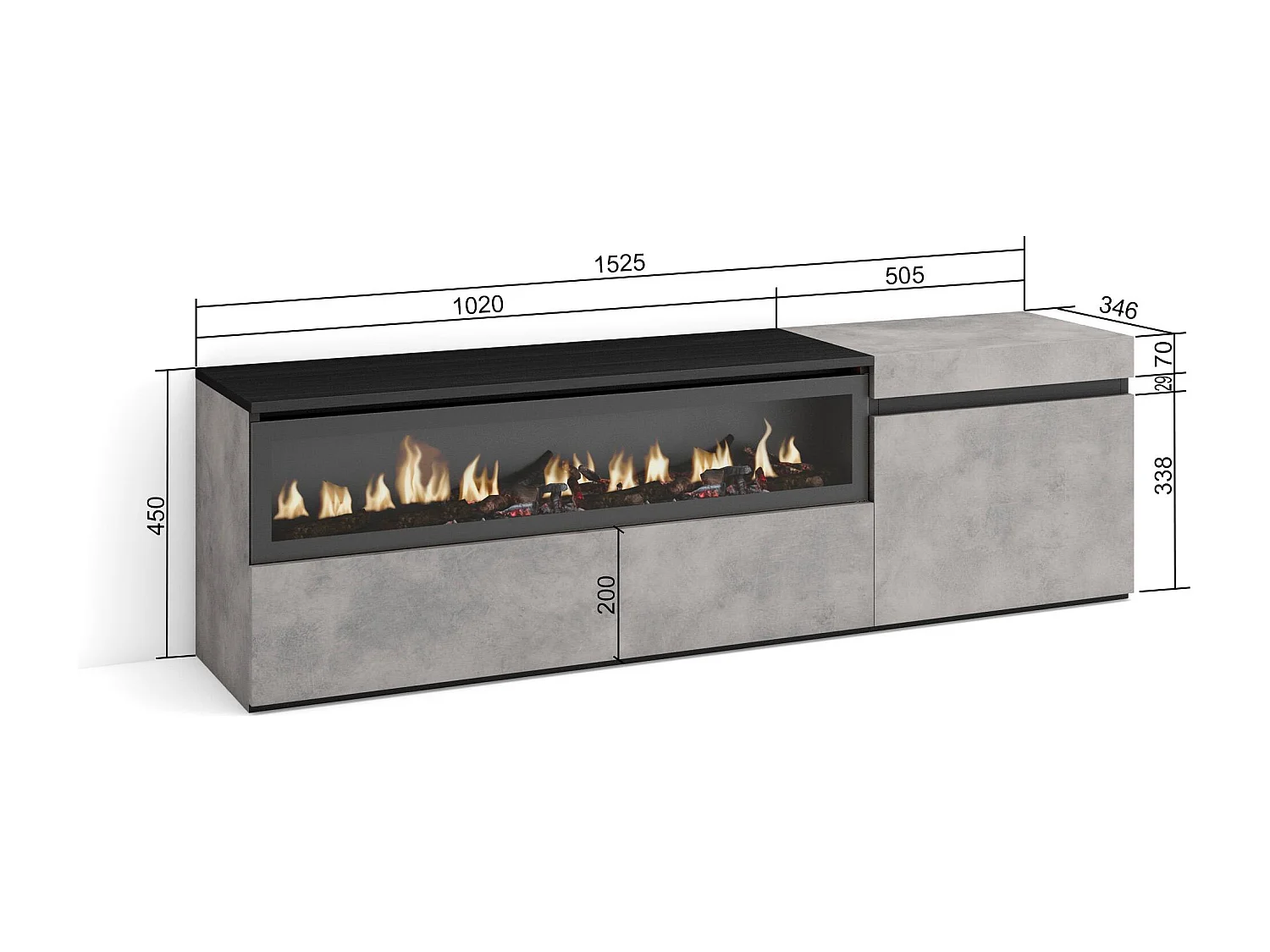 Meuble TV, Banc Télé, 150x35x45cm, Pour les TV jusqu'à 65", Cheminée électrique, Ciment