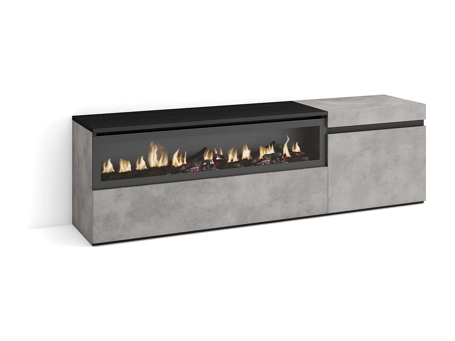 Meuble TV, Banc Télé, 150x35x45cm, Pour les TV jusqu'à 65", Cheminée électrique, Ciment
