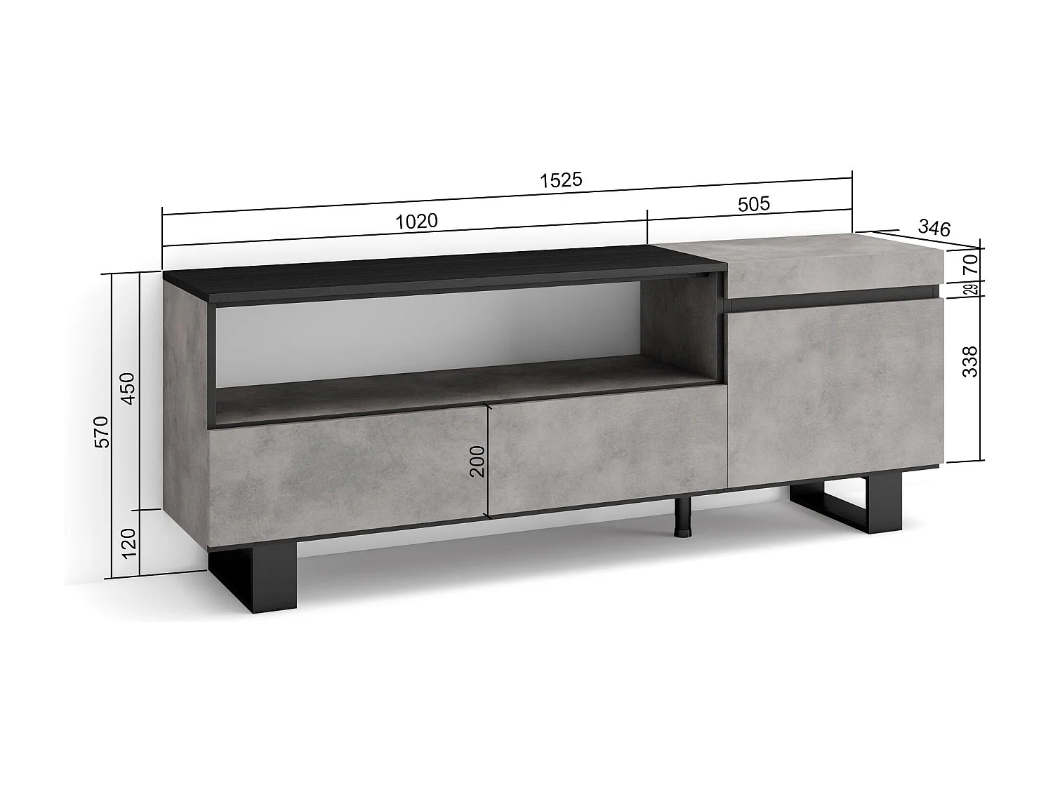 Móvel de TV, 150x35x57cm, Para televisores até 65", Design industrial, Cimento