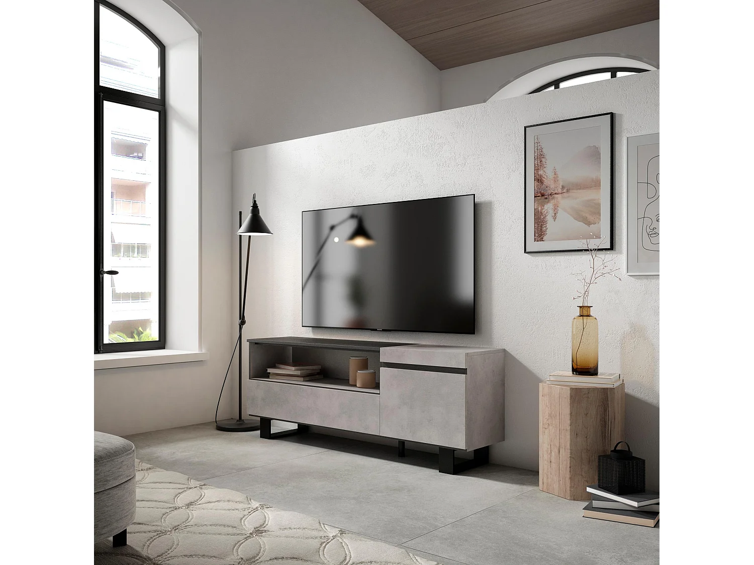 Meuble TV, Banc Télé, 150x35x57cm, Pour les TV jusqu'à 65", Design industriel, Ciment
