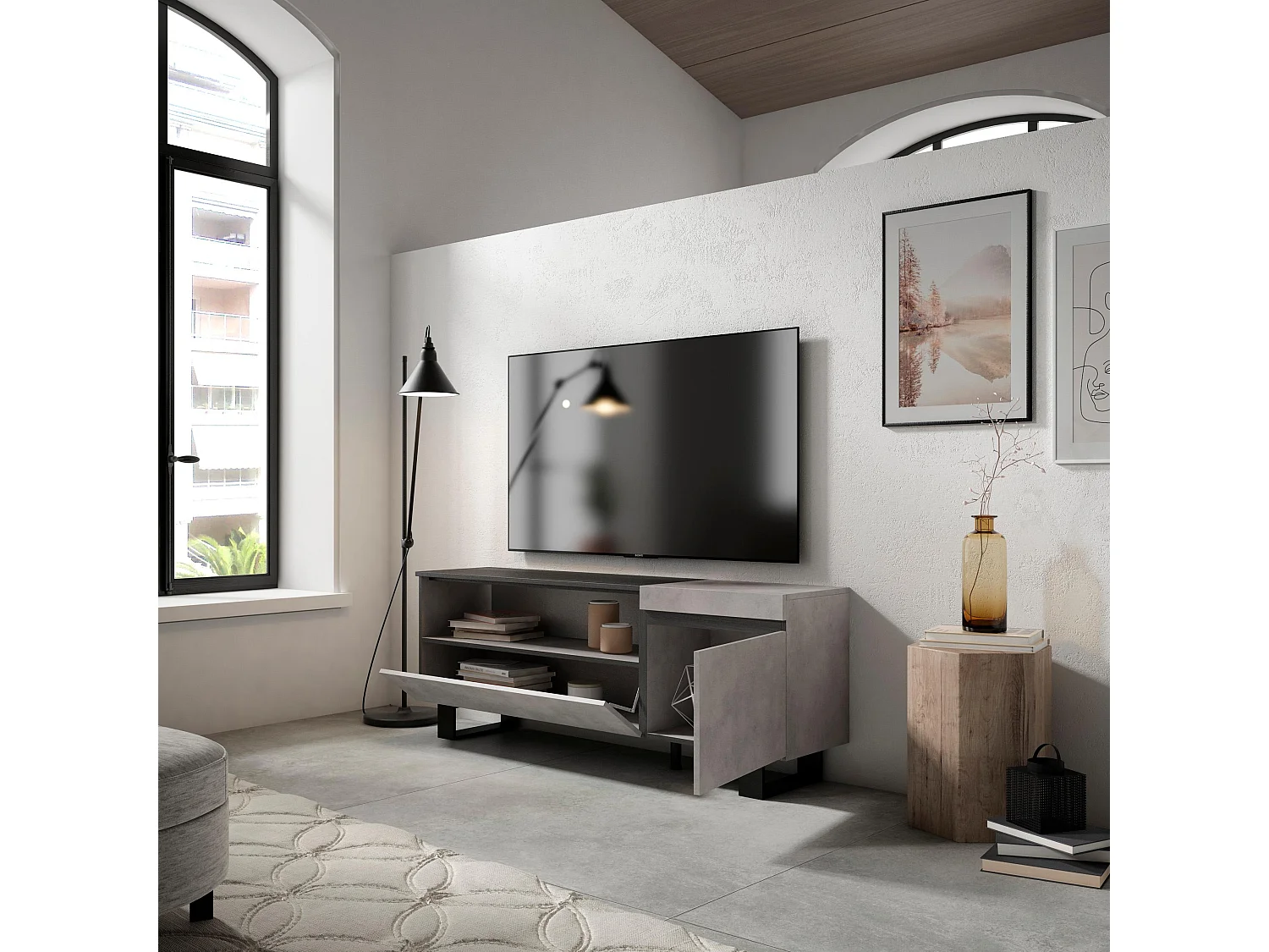Meuble TV, Banc Télé, 150x35x57cm, Pour les TV jusqu'à 65", Design industriel, Ciment