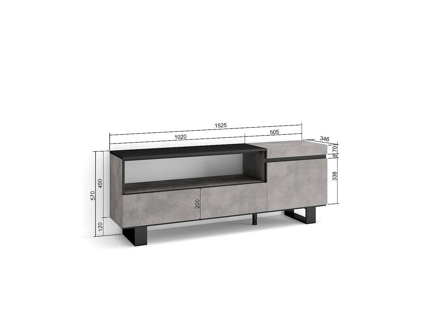TV-Meubel, Lowboard, 150x35x57cm, Voor tv's tot 65", Industrieel design, Cement