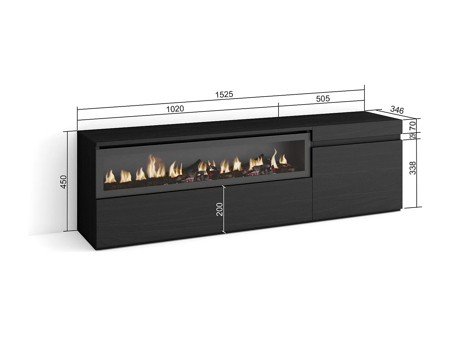 Meuble TV, Banc Télé, 150x35x45cm, Pour les TV jusqu'à 65", Cheminée électrique, Noir