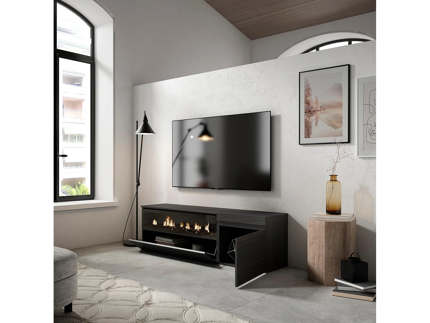 Mueble TV, Televisión, 150x35x45cm, Para TV hasta 65", Chimenea eléctrica, Negro