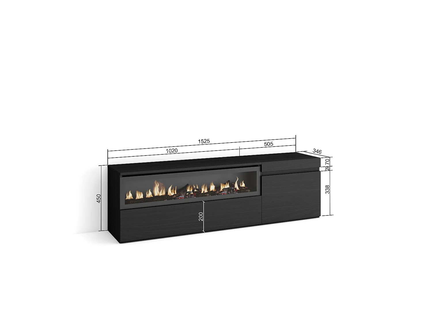 Mueble TV, Televisión, 150x35x45cm, Para TV hasta 65", Chimenea eléctrica, Negro