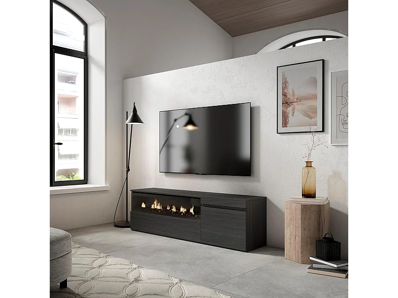 Mueble TV, Televisión, 150x35x45cm, Para TV hasta 65", Chimenea eléctrica, Negro