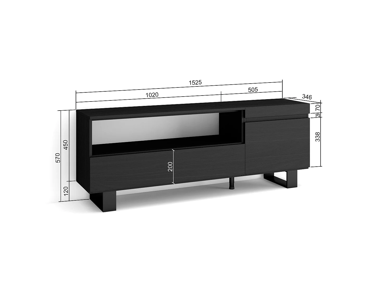 Meuble TV, Banc Télé, 150x35x57cm, Pour les TV jusqu'à 65", Design industriel, Noir