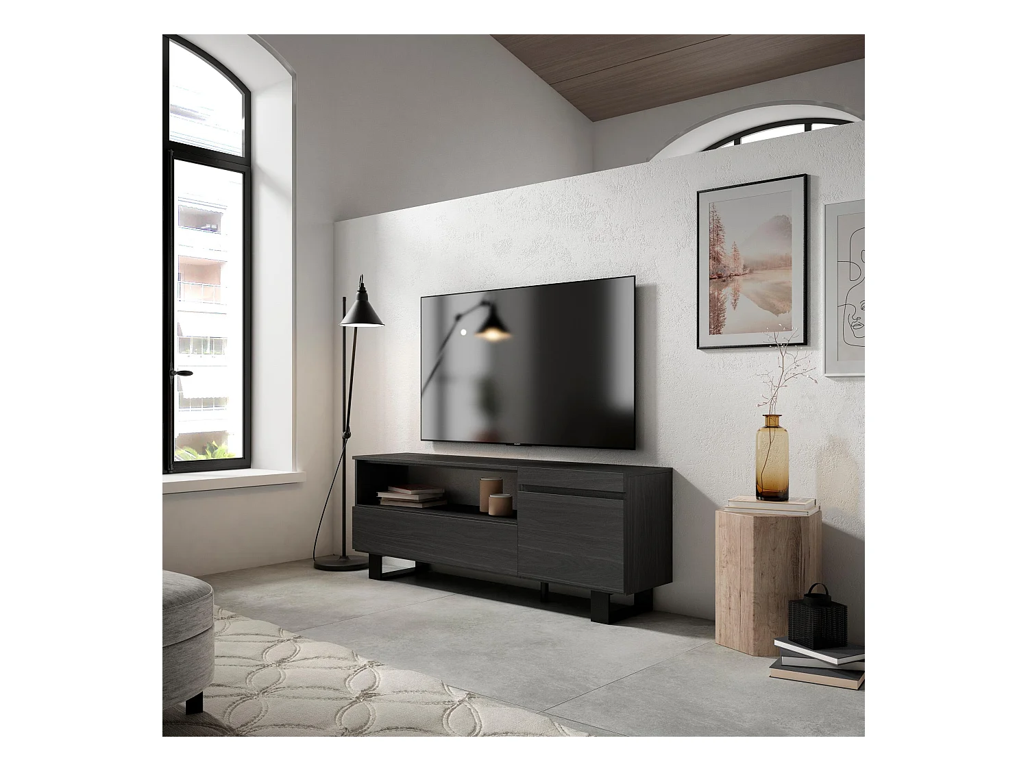 Meuble TV, Banc Télé, 150x35x57cm, Pour les TV jusqu'à 65", Design industriel, Noir