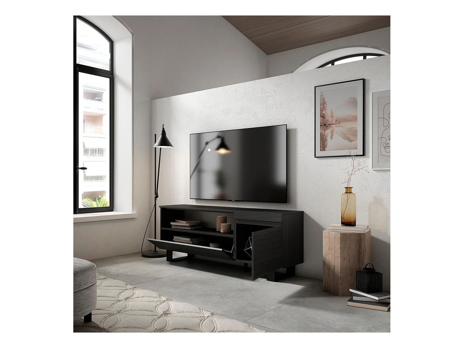 Meuble TV, Banc Télé, 150x35x57cm, Pour les TV jusqu'à 65", Design industriel, Noir