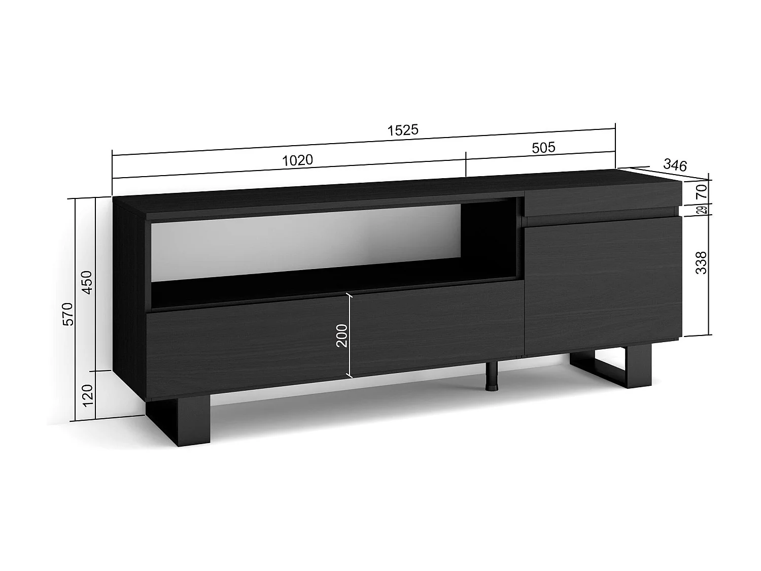 Meuble TV, Banc Télé, 150x35x57cm, Pour les TV jusqu'à 65", Design industriel, Noir