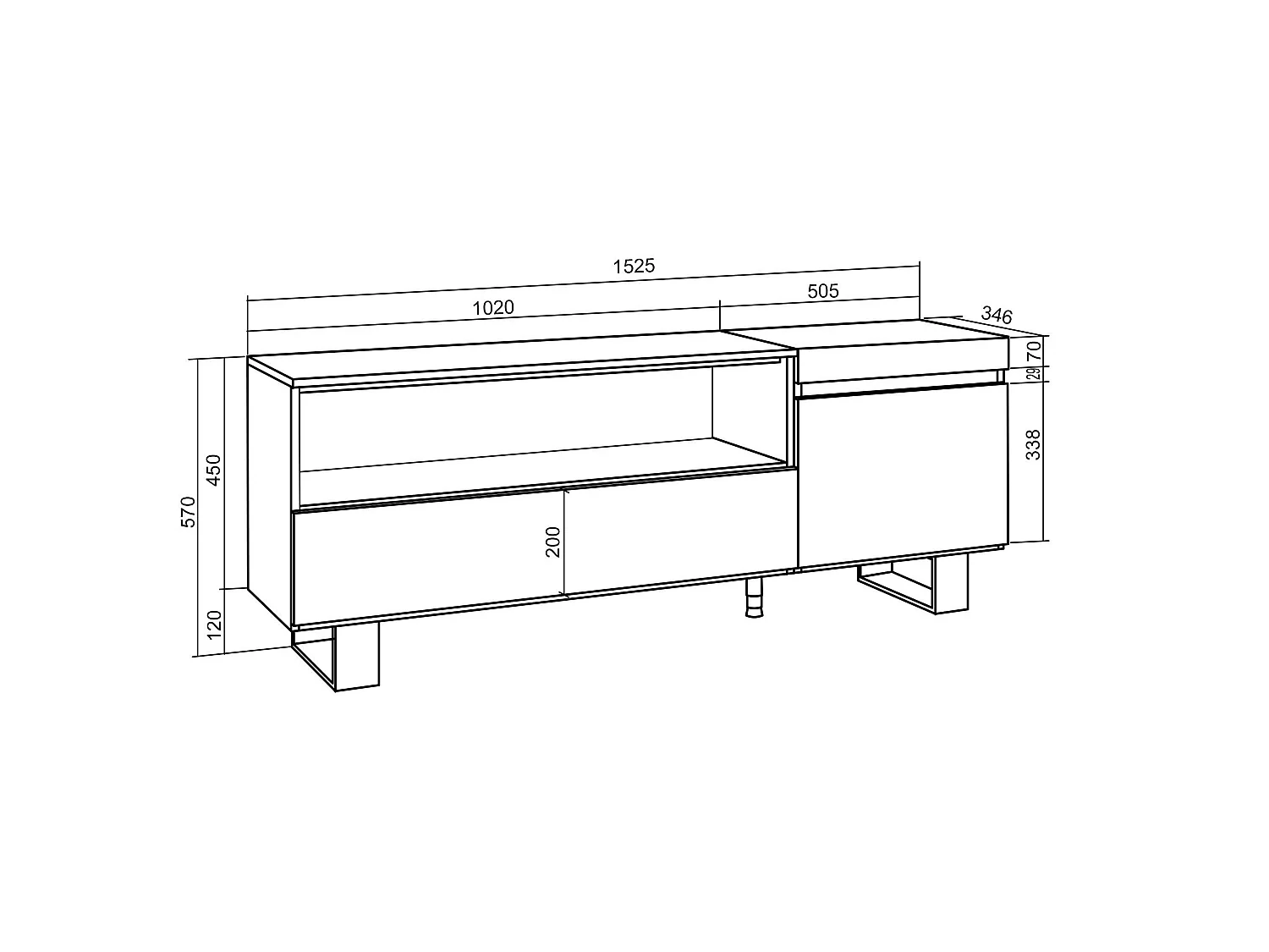 Meuble TV, Banc Télé, 150x35x57cm, Pour les TV jusqu'à 65", Design industriel, Noir