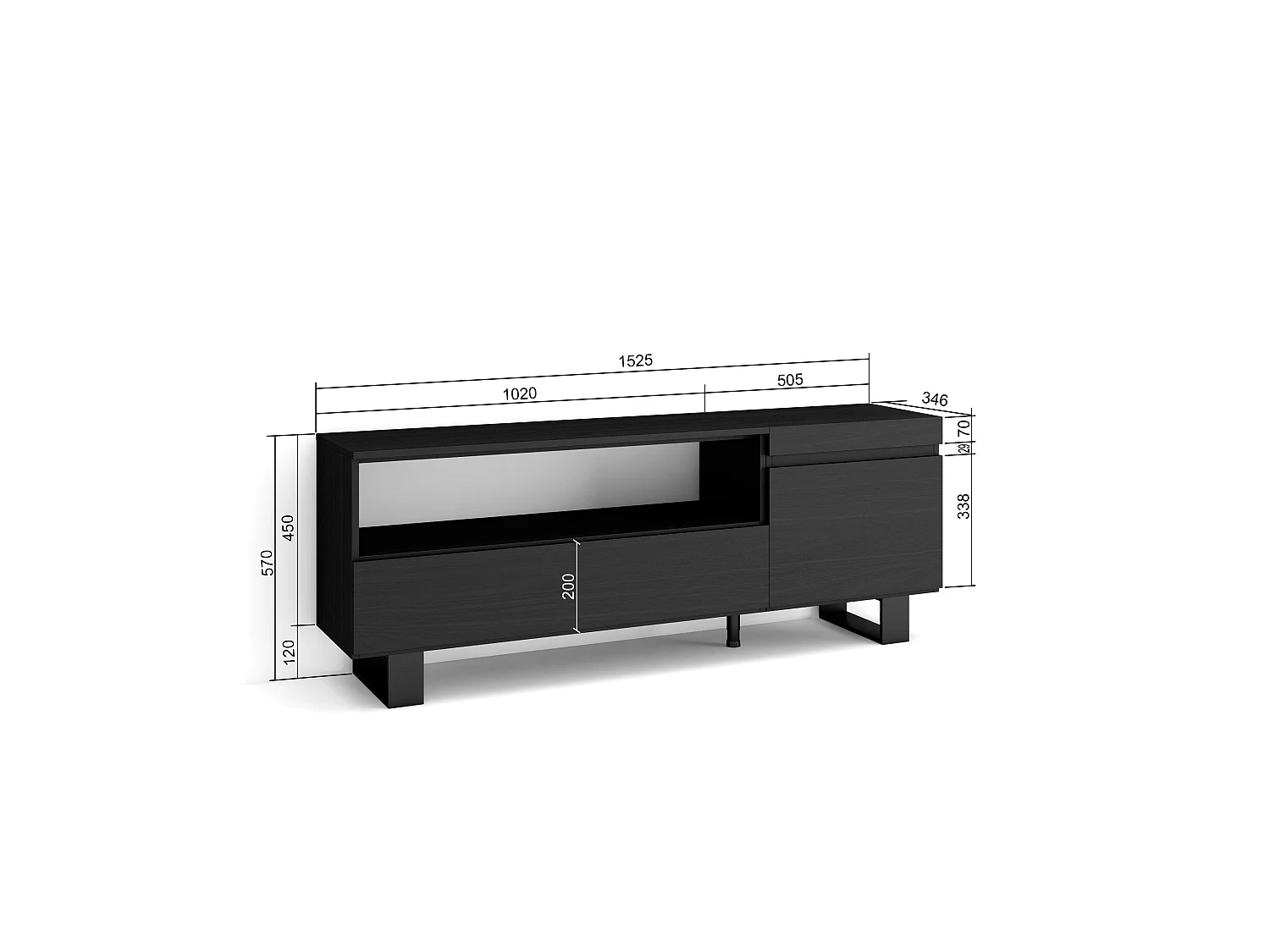 TV-Meubel, Lowboard, 150x35x57cm, Voor tv's tot 65", Industrieel design, Zwart