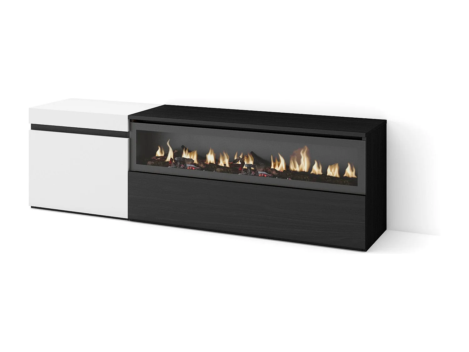 Meuble TV, Banc Télé, 150x35x45cm, Pour les TV jusqu'à 65", Cheminée électrique, Blanc et noir