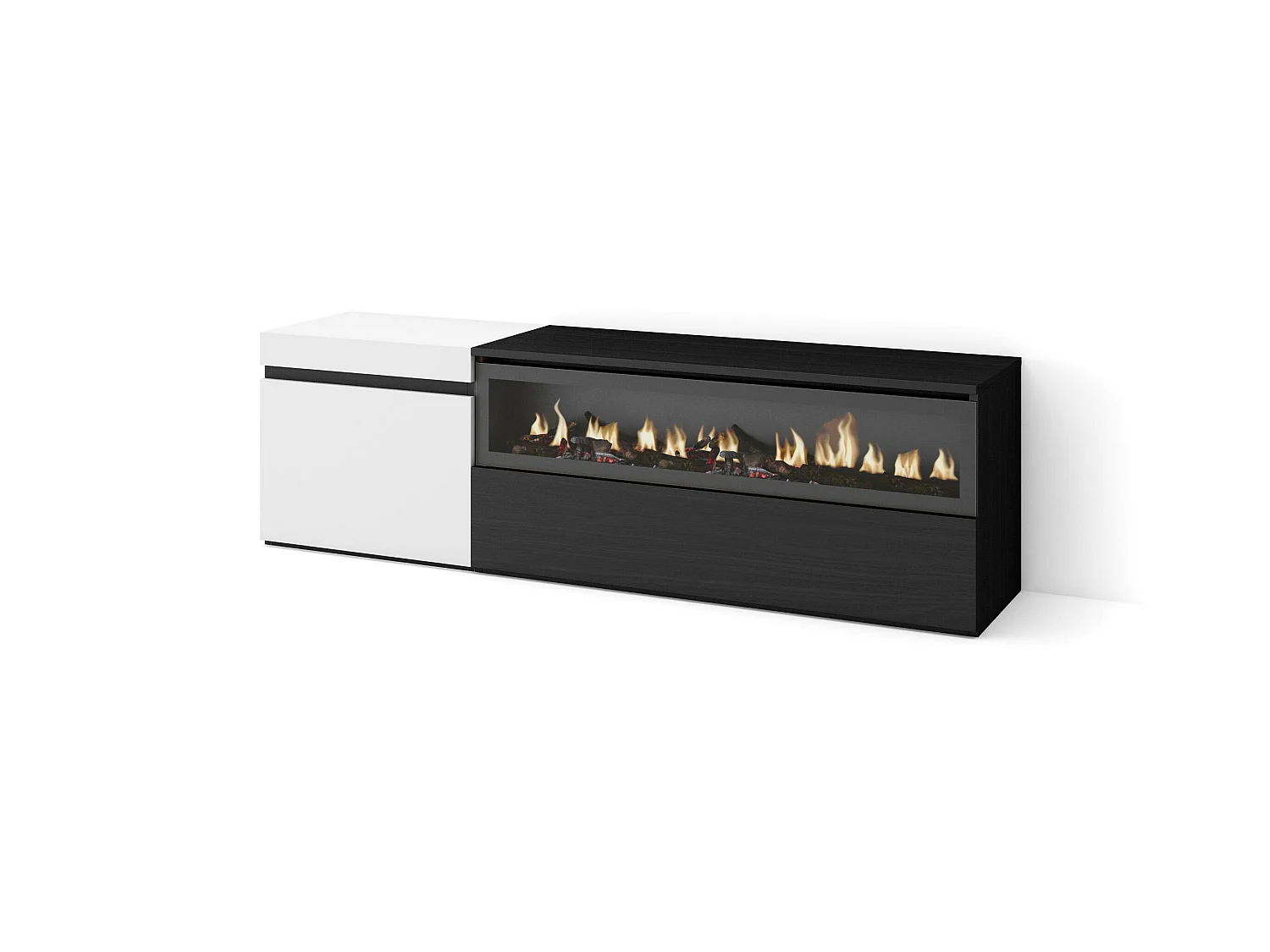 Meuble TV, Banc Télé, 150x35x45cm, Pour les TV jusqu'à 65", Cheminée électrique, Blanc et noir
