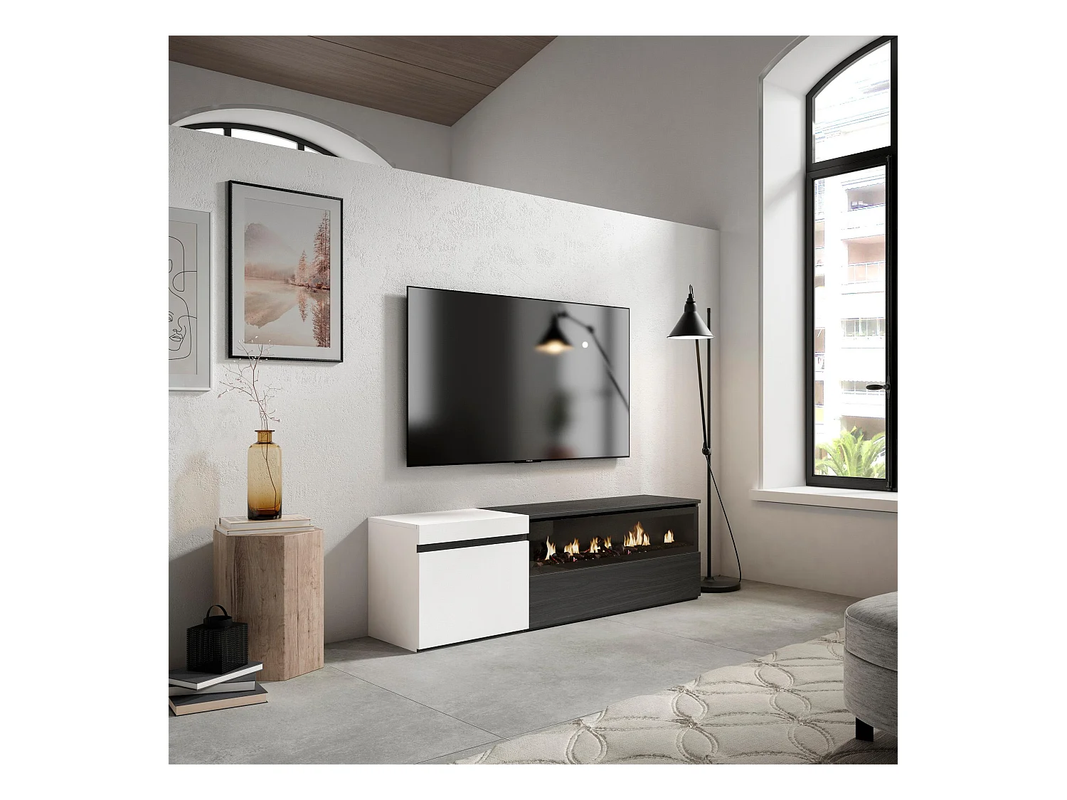 TV-Meubel, Lowboard, 150x35x45cm, Voor tv's tot 65", Elektrische haard, Wit en Zwart