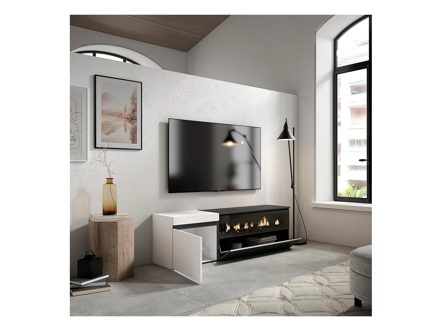 TV-Meubel, Lowboard, 150x35x45cm, Voor tv's tot 65", Elektrische haard, Wit en Zwart