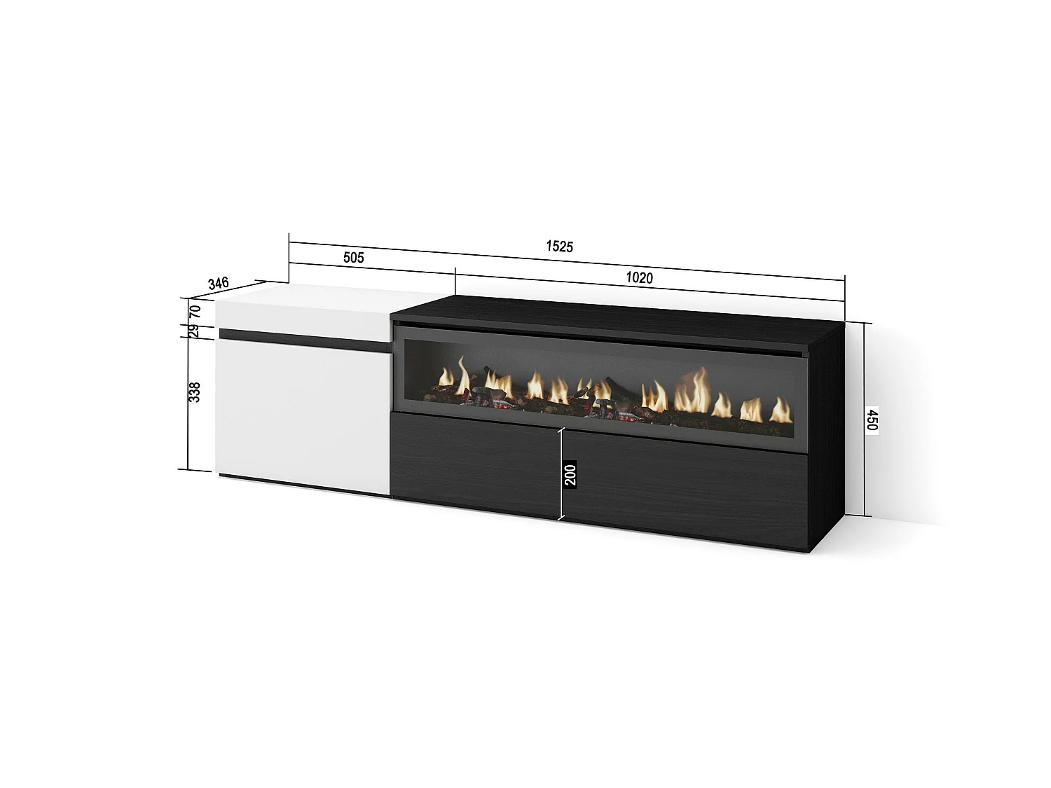 TV-Meubel, Lowboard, 150x35x45cm, Voor tv's tot 65", Elektrische haard, Wit en Zwart