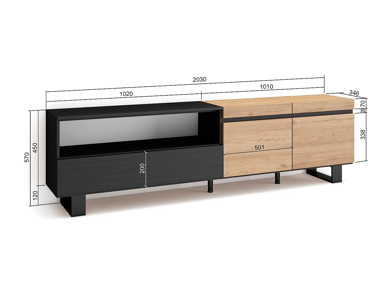 Meuble TV, Banc Télé, 200x35x57cm, Pour les TV jusqu'à 80", Design industriel, Chêne et noir