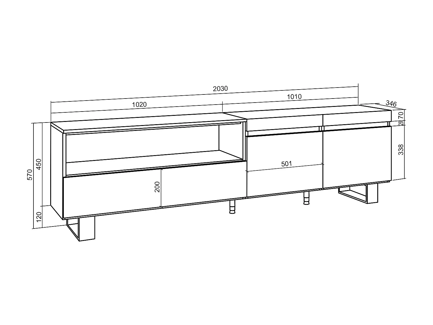 Meuble TV, Banc Télé, 200x35x57cm, Pour les TV jusqu'à 80", Design industriel, Chêne et noir