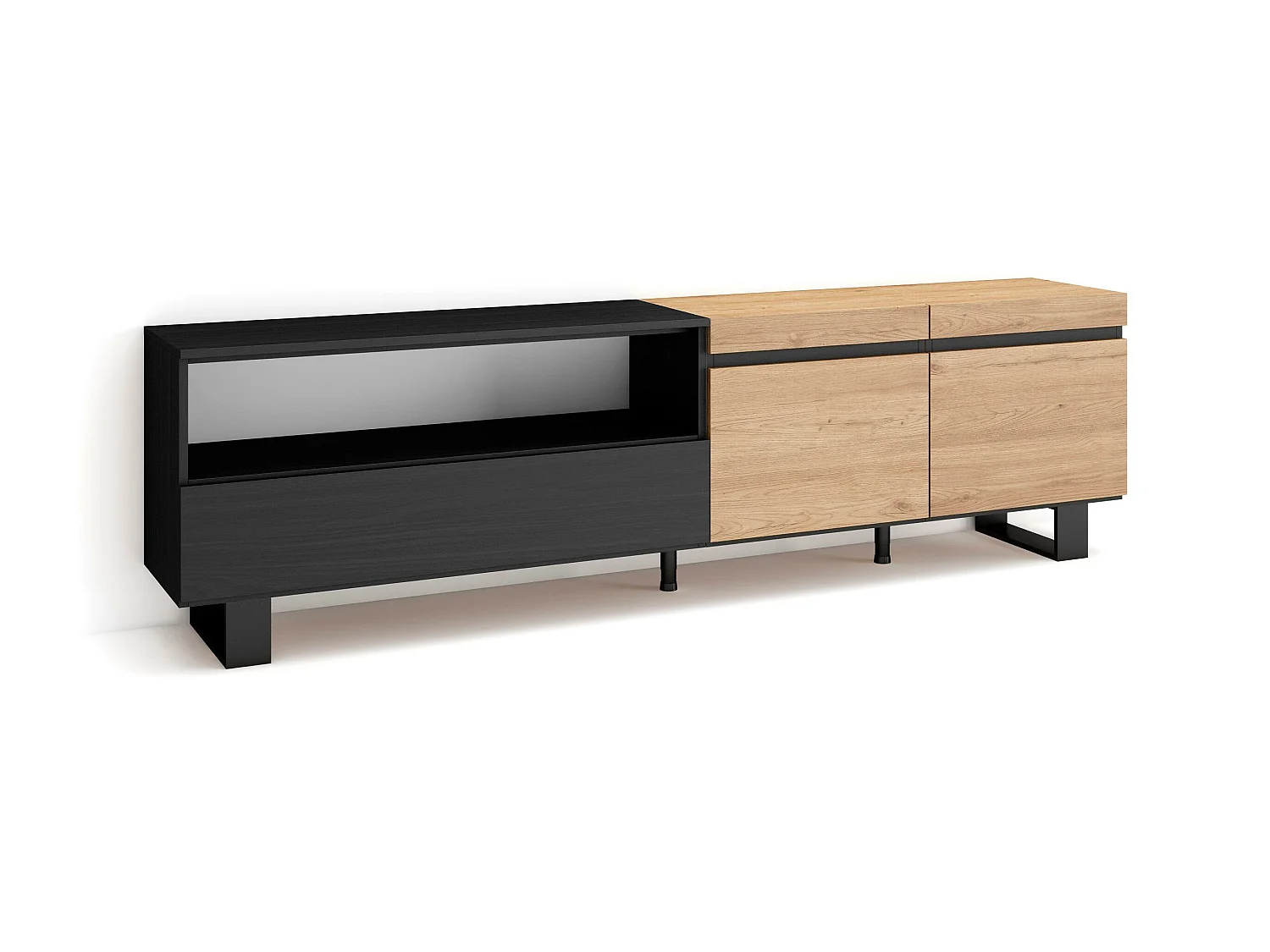 TV-Meubel, Lowboard, 200x35x57cm, Voor tv's tot 80", Industrieel design, Eiken/Zwart