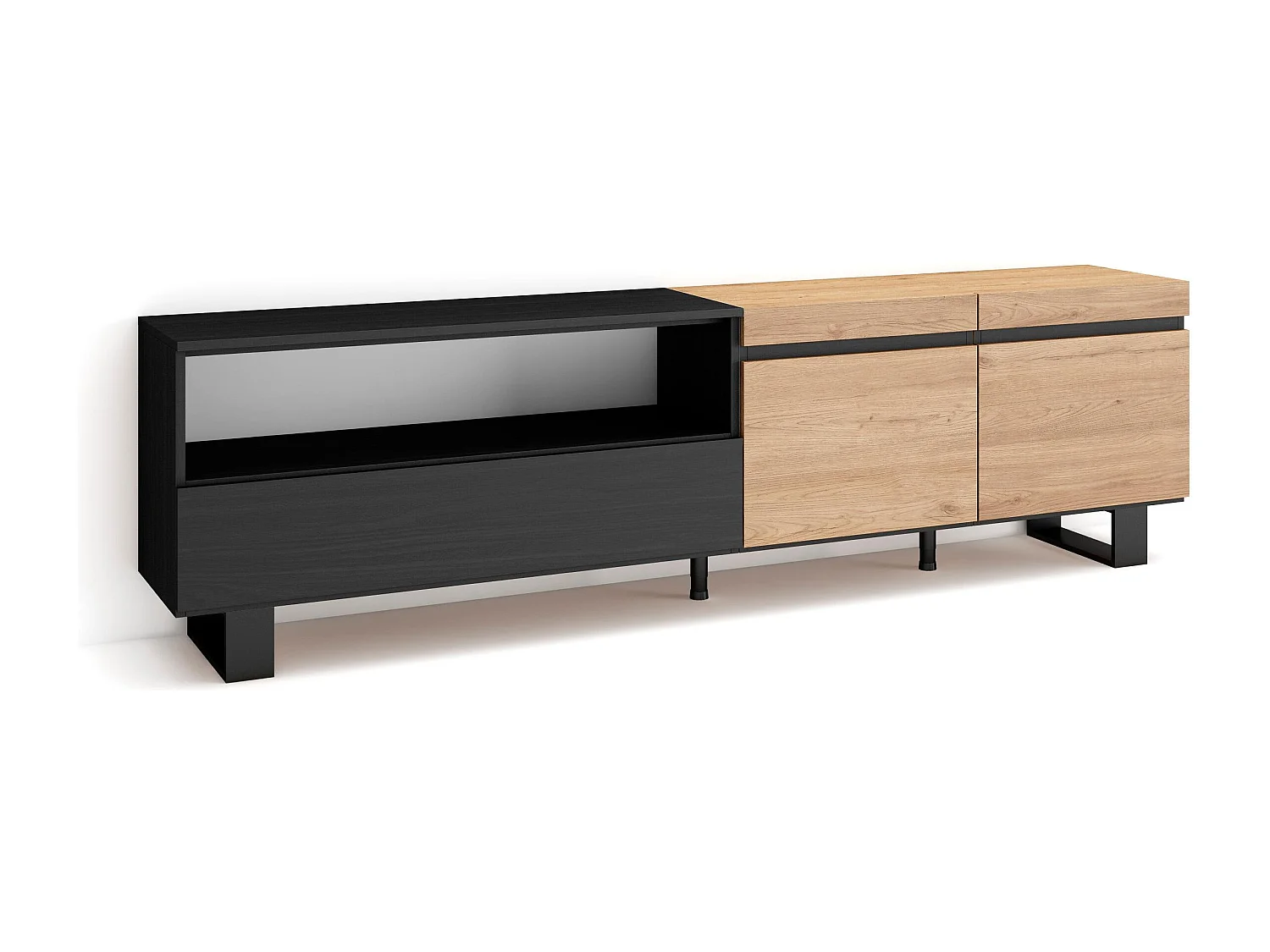 Meuble TV, Banc Télé, 200x35x57cm, Pour les TV jusqu'à 80", Design industriel, Chêne et noir